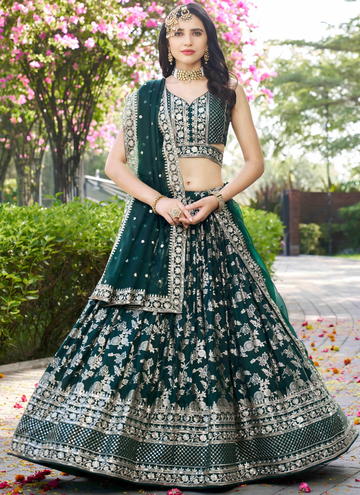 Zari Weaving Sequence Embroidered Dark Green Silk Lehenga Choli Set